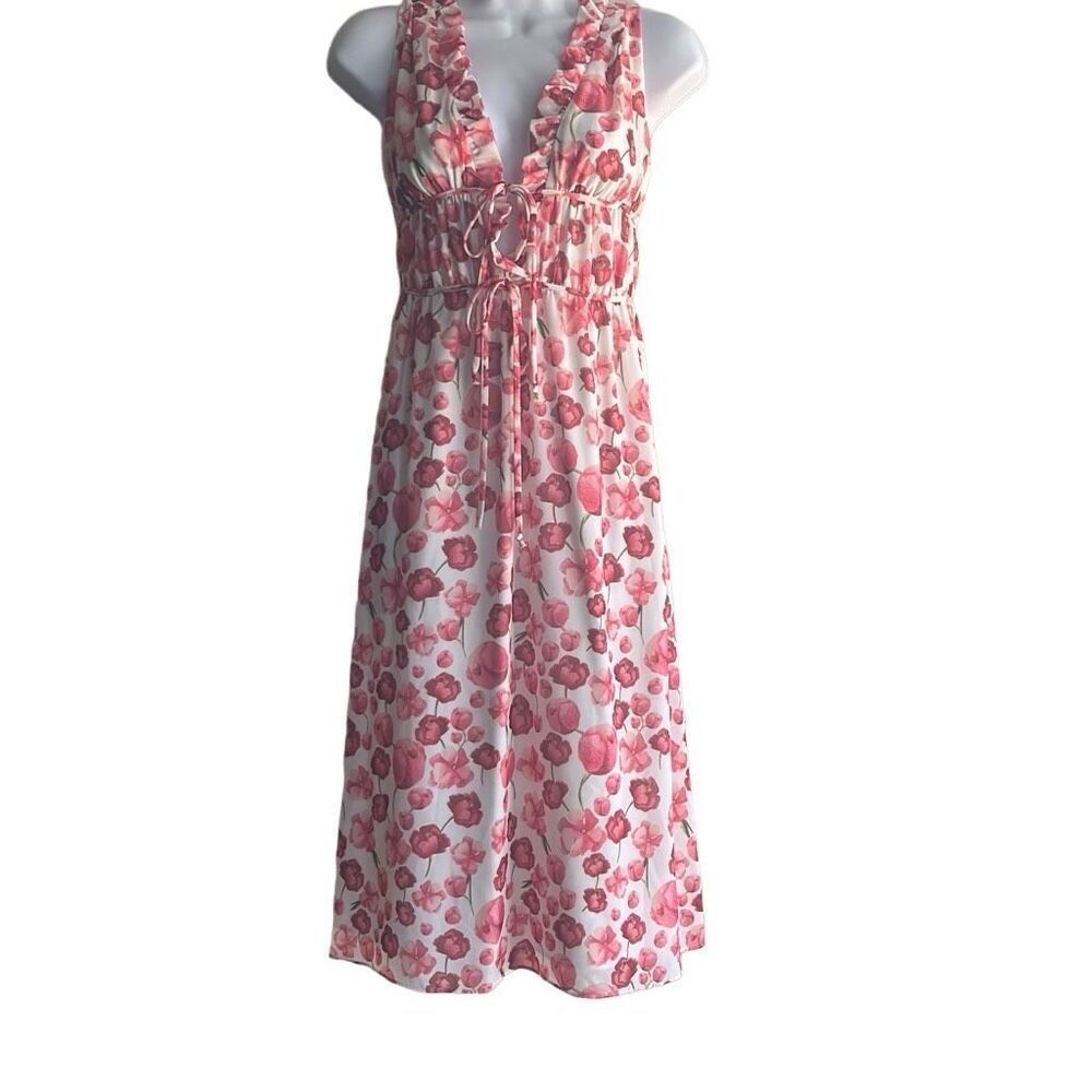 Samantha Sipos Medium Pink Strawberry Floral Front Tie Ruffles Midi Dress Kawaii - Picture 2 of 15